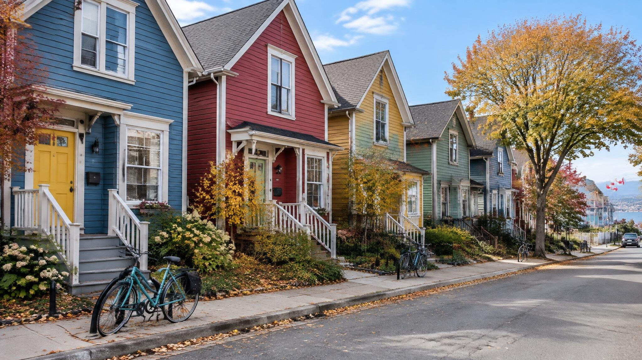 Colorful row houses on a Canadian city street