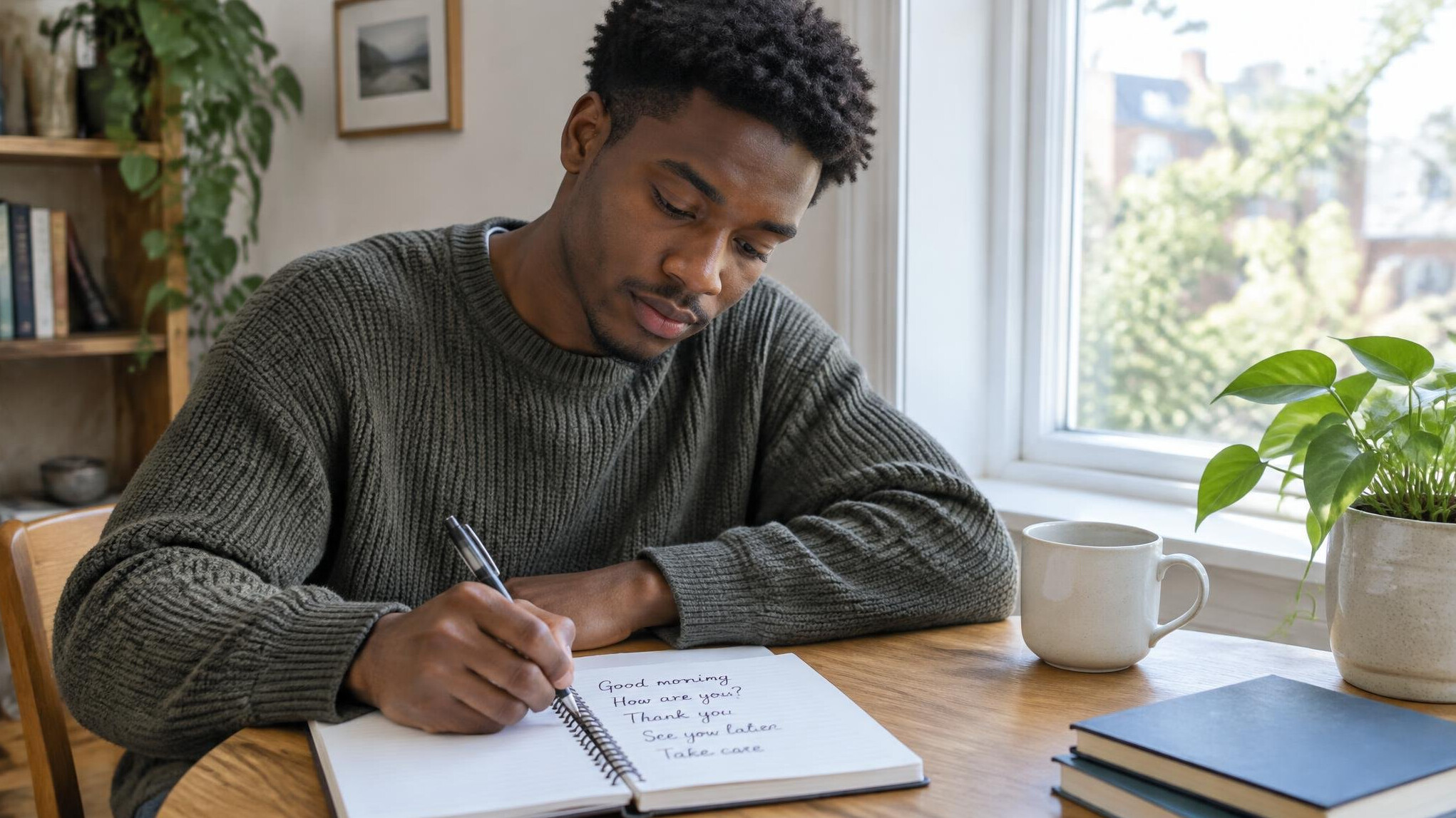 Person writing in a notebook beside a window