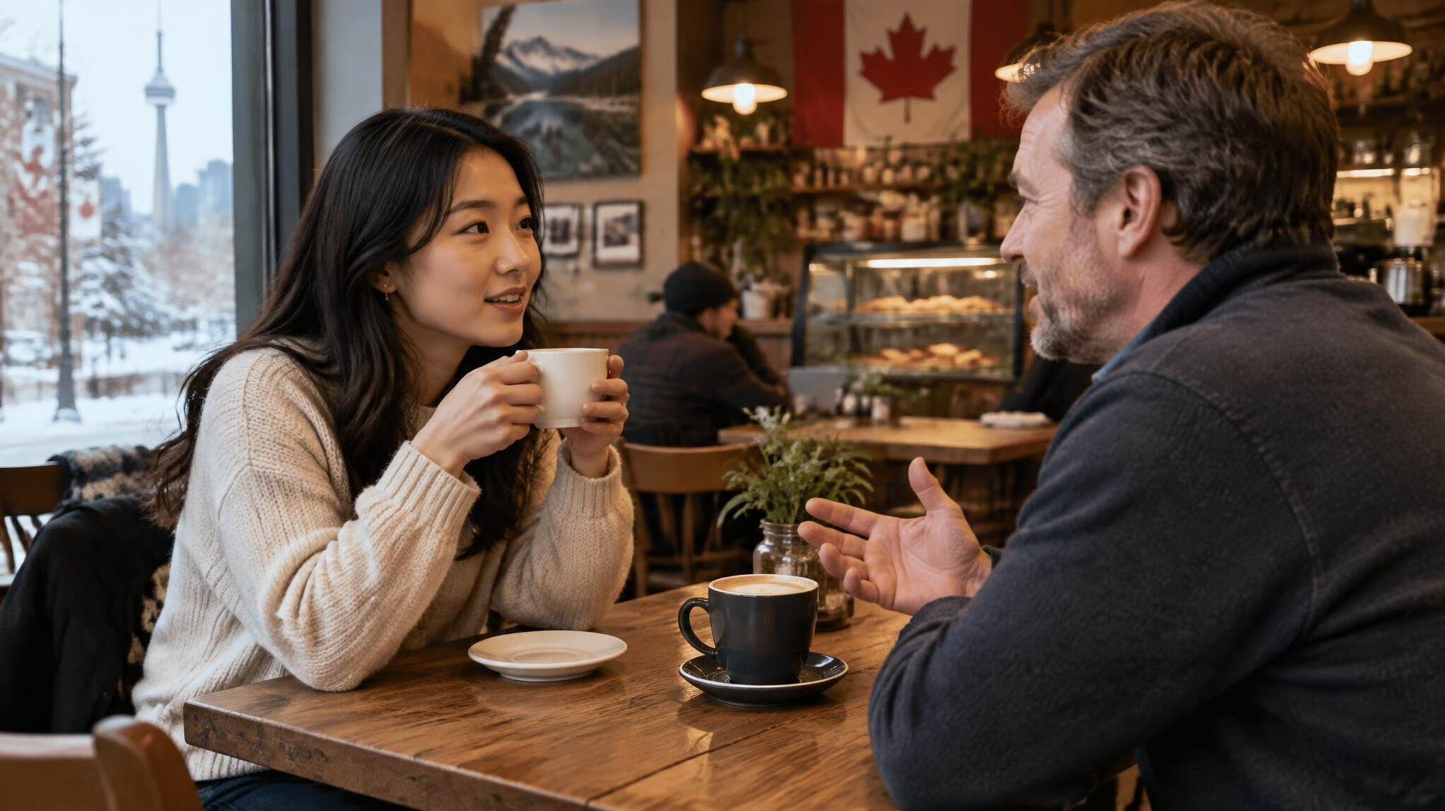 Two people talking over coffee at a cafe table