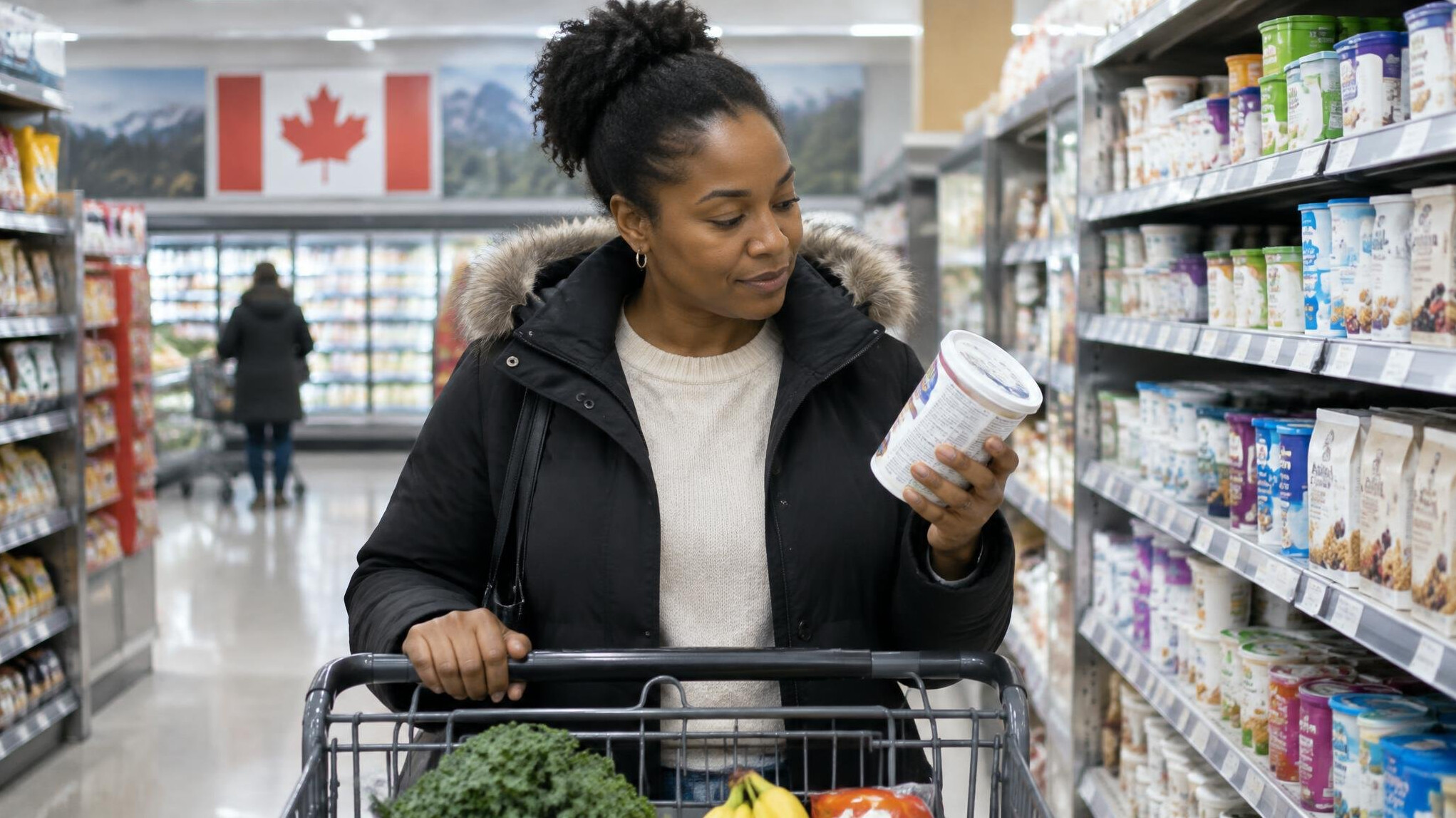 Shopper browsing shelves in a grocery store