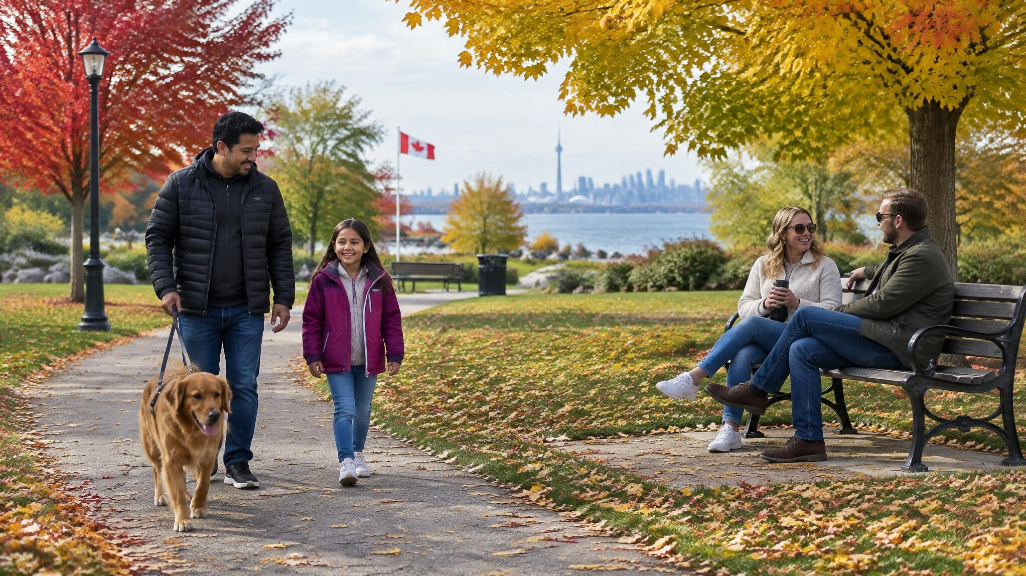 Families walking and talking in a neighborhood park