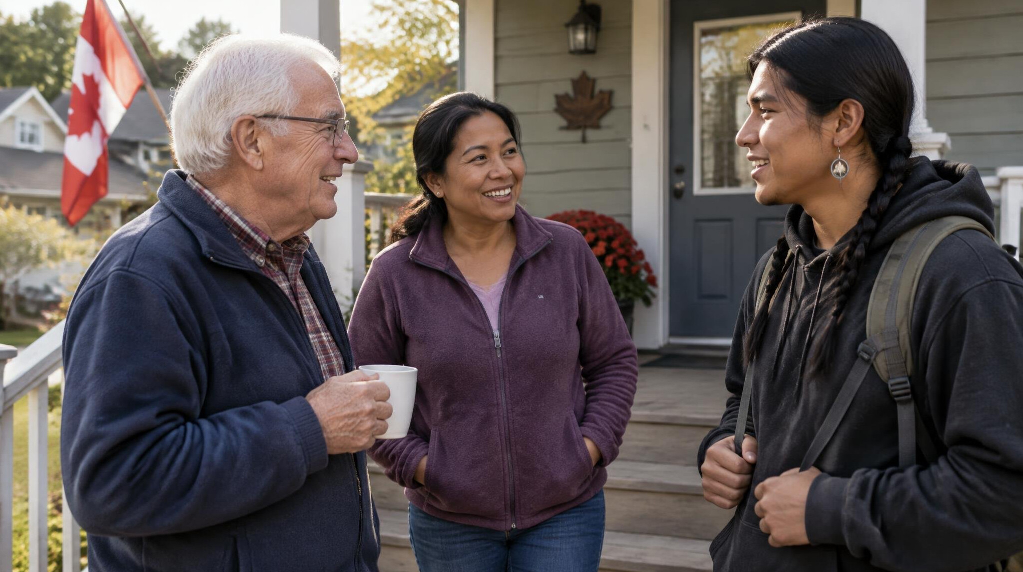 Neighbors chatting together outside a house