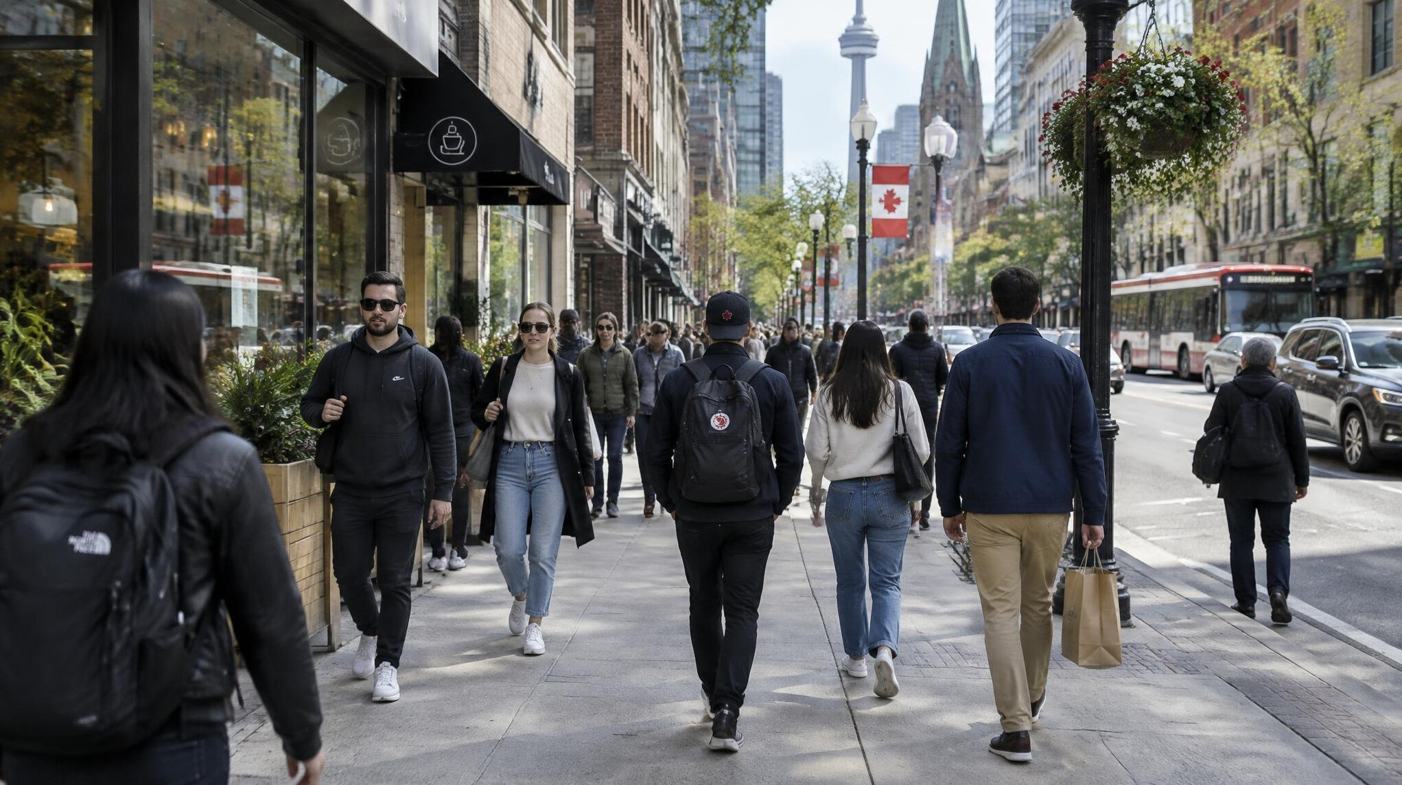 Busy downtown city street with pedestrians