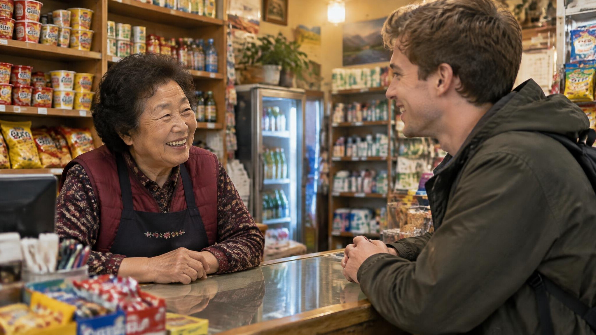 Customer chatting with a shopkeeper at a corner store counter
