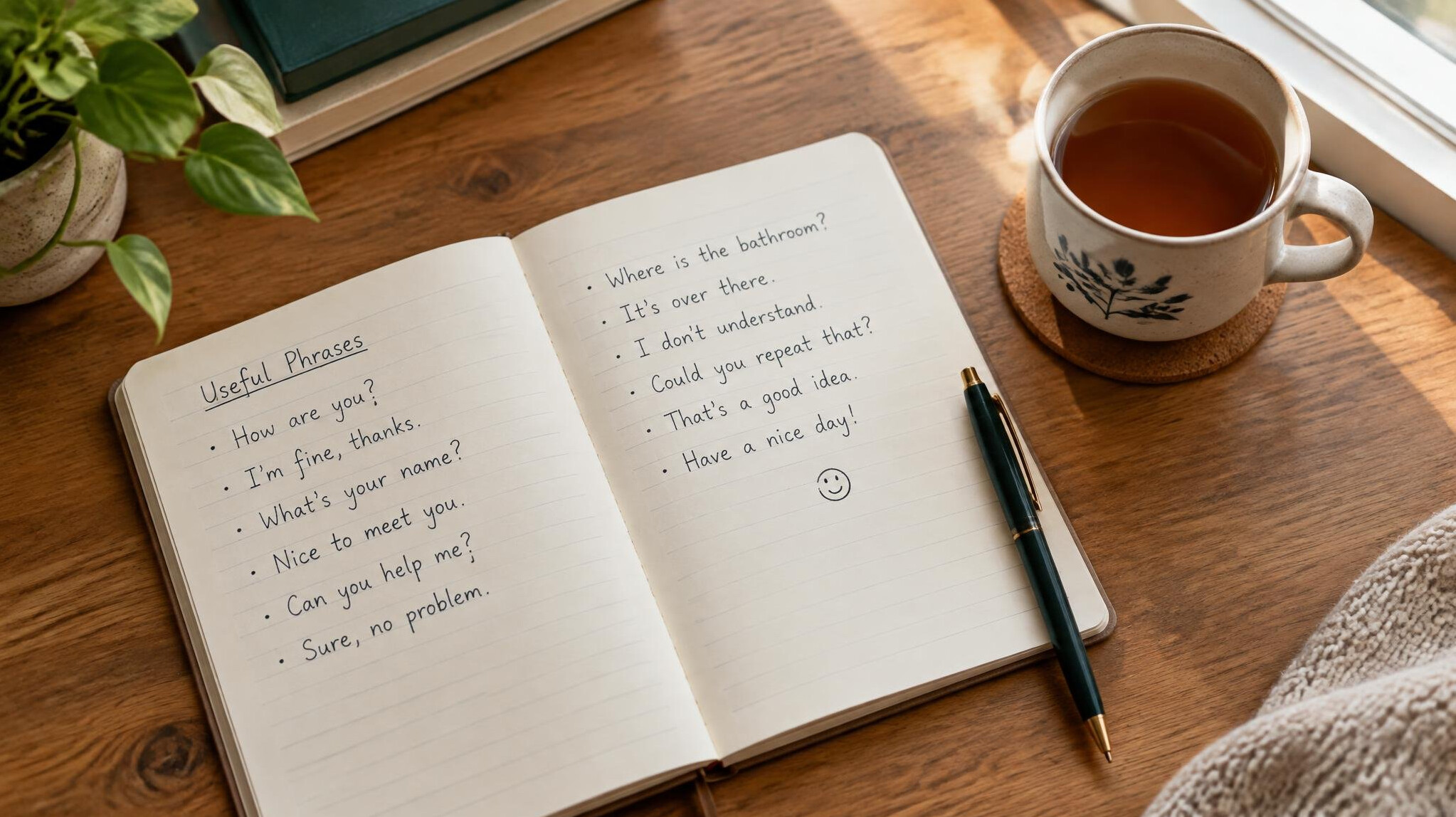 Open notebook with handwritten notes and a cup of tea